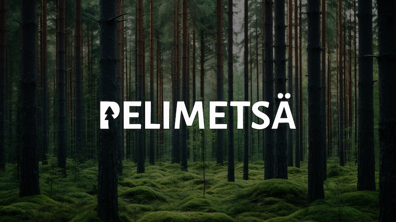 Old finnish forest with the pelimetsä logo in the foreground