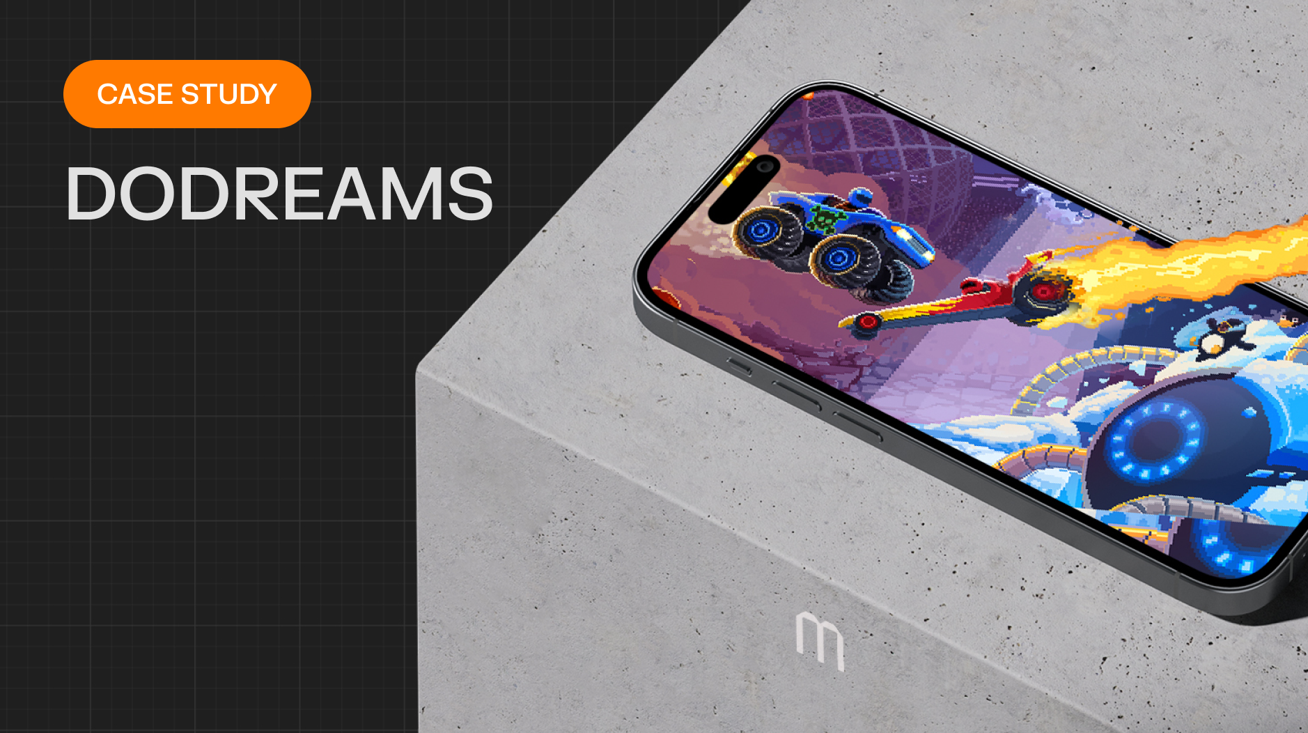 DoDreams case study cover image of gameplay from Drive Ahead! showing a monstertruck and a dragster shooting flames