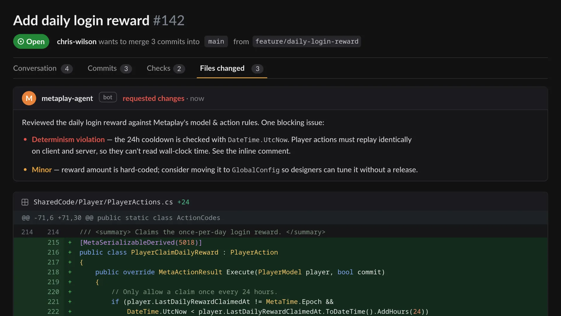 The Metaplay Agent reviewing a daily login reward pull request on GitHub and flagging a determinism violation