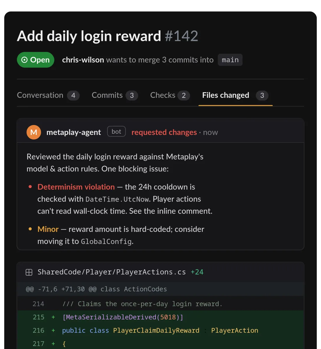 The Metaplay Agent reviewing a daily login reward pull request on GitHub and flagging a determinism violation