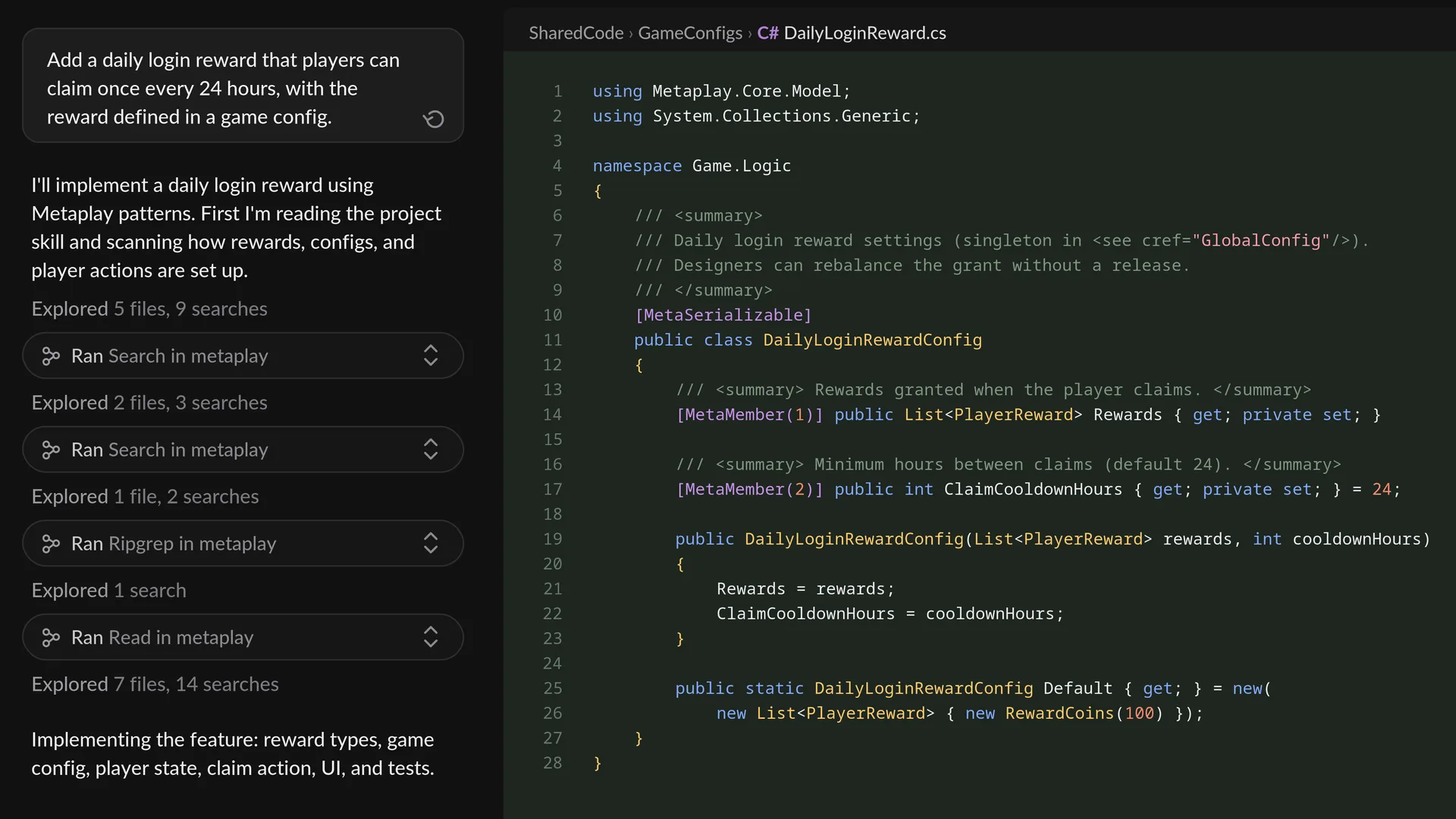 The Metaplay Agent implementing a daily login reward feature in C#