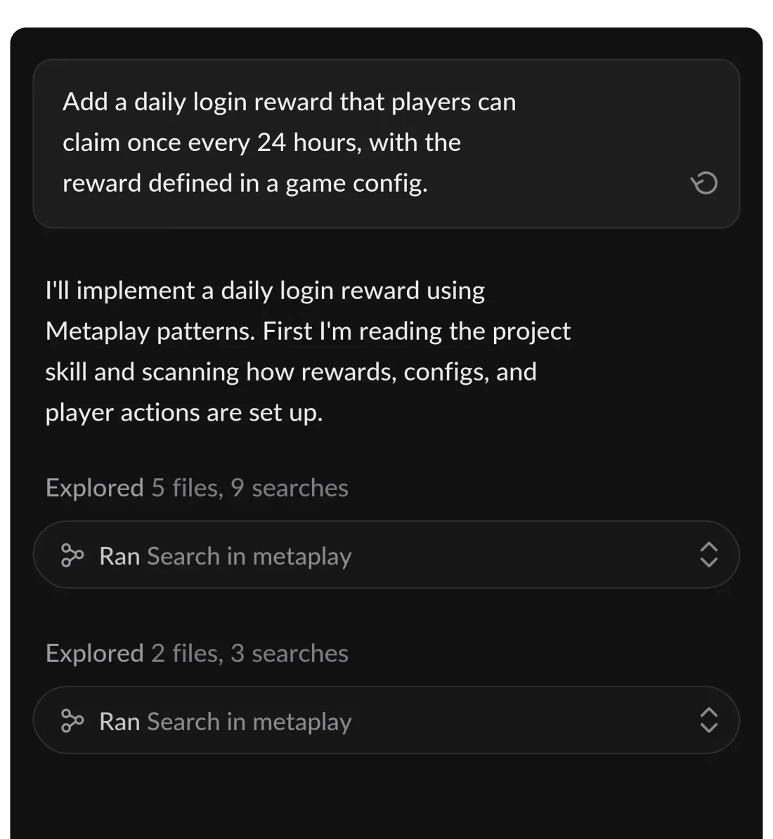 The Metaplay Agent implementing a daily login reward feature in C#