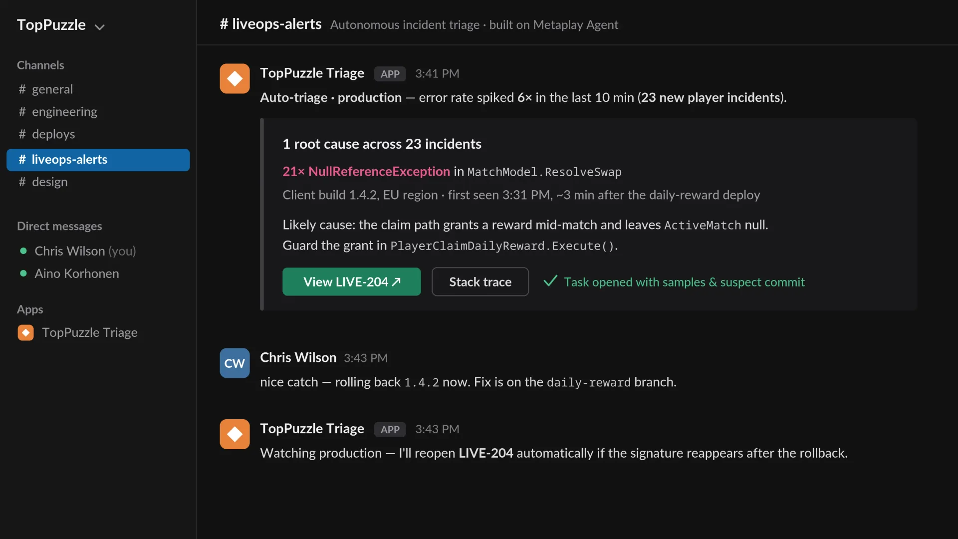 A custom Slack triage agent built on Metaplay Agent auto-diagnosing a production incident across 23 player reports