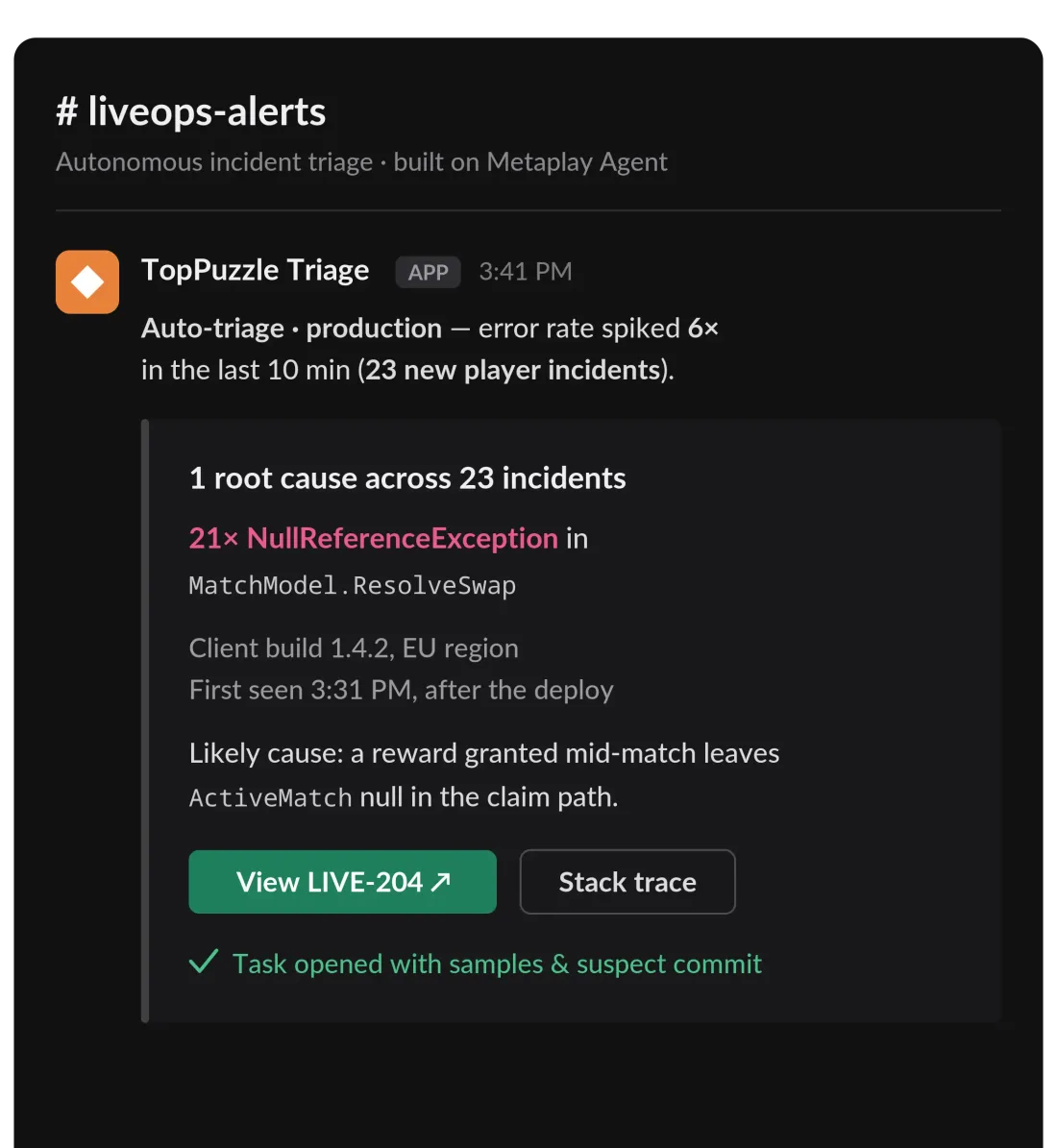 A custom Slack triage agent built on Metaplay Agent auto-diagnosing a production incident across 23 player reports