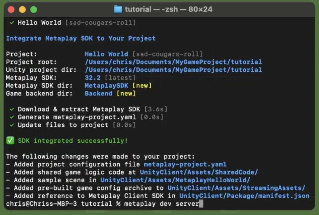 Metaplay Game Server running locally