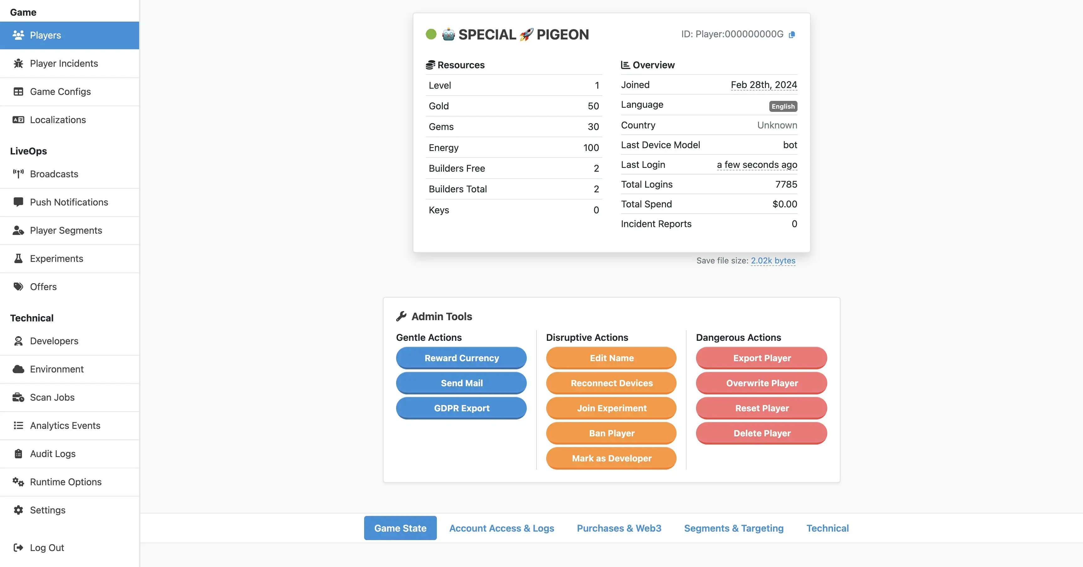 A screenshot of the Player overview page of the Metaplay LiveOps Dashboard