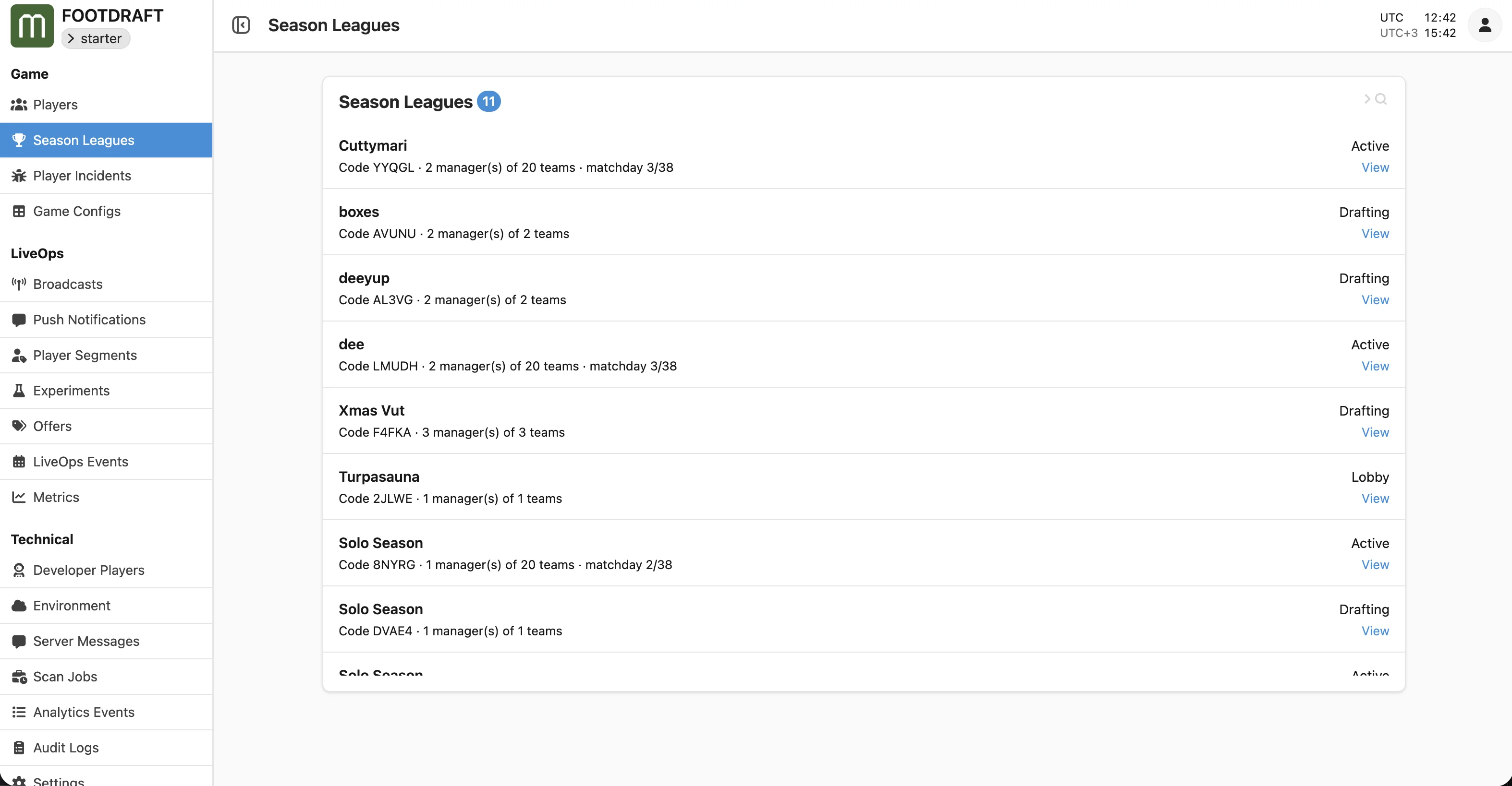 The Season Leagues view on the LiveOps Dashboard, listing every running league