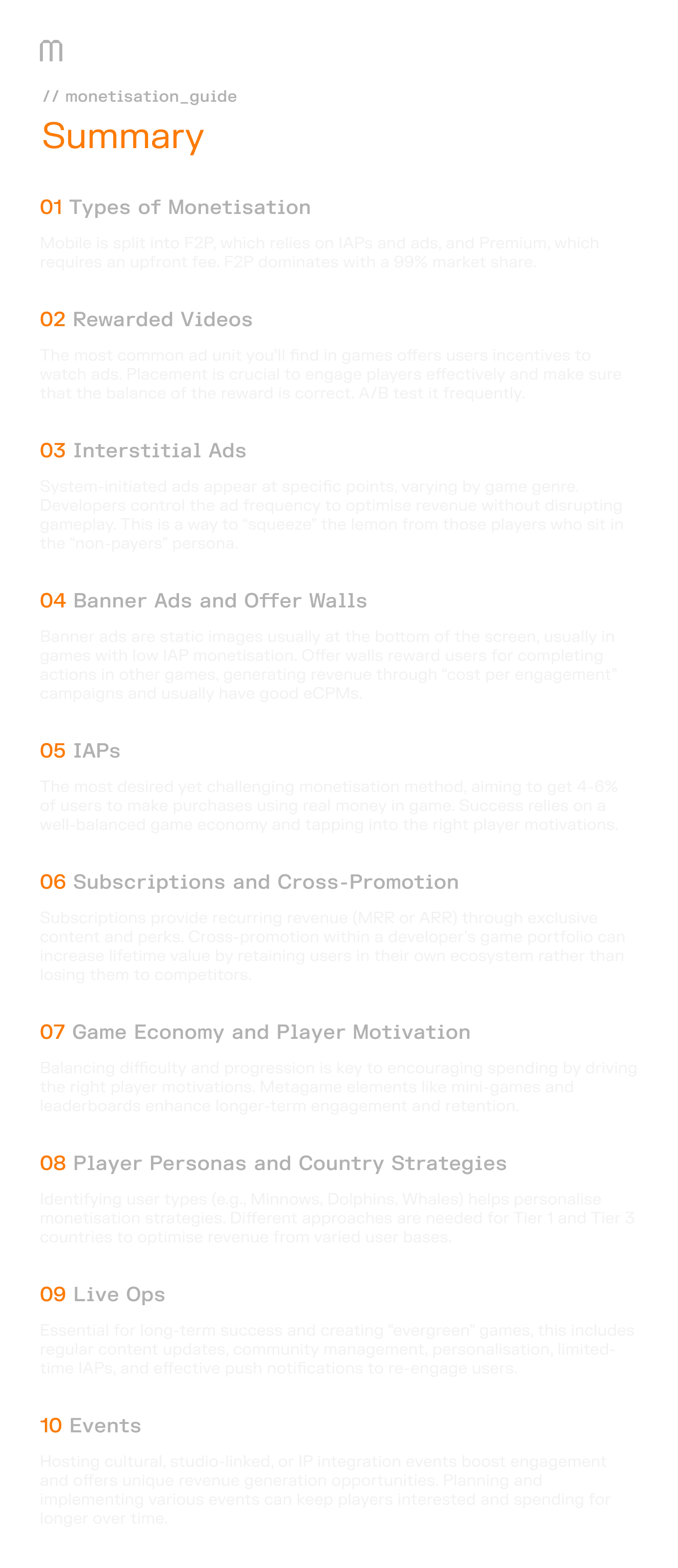 Monetisation summary